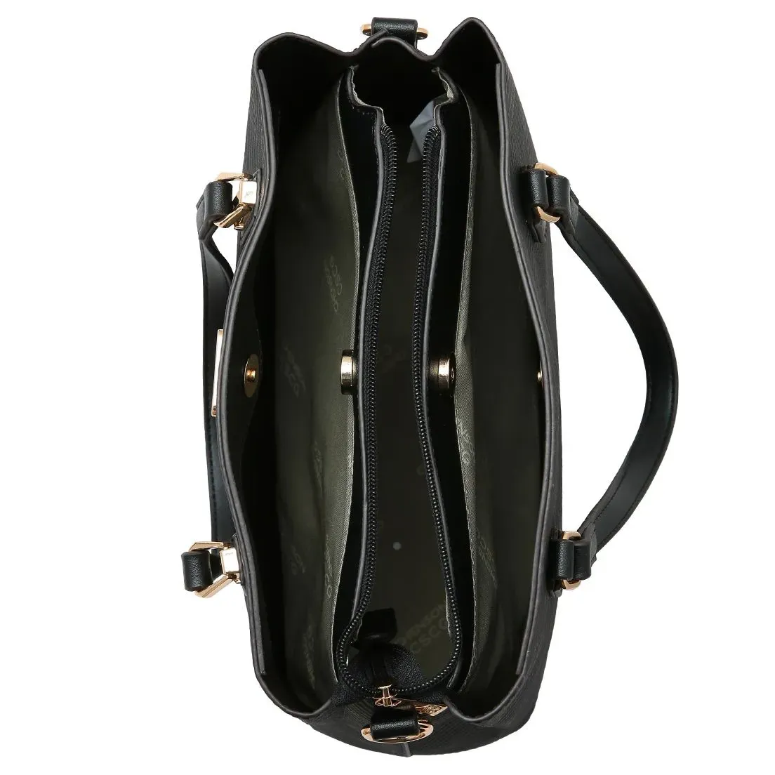 Interior da bolsa tote feminina Chenson Clássico Soft preta mostrando compartimentos internos